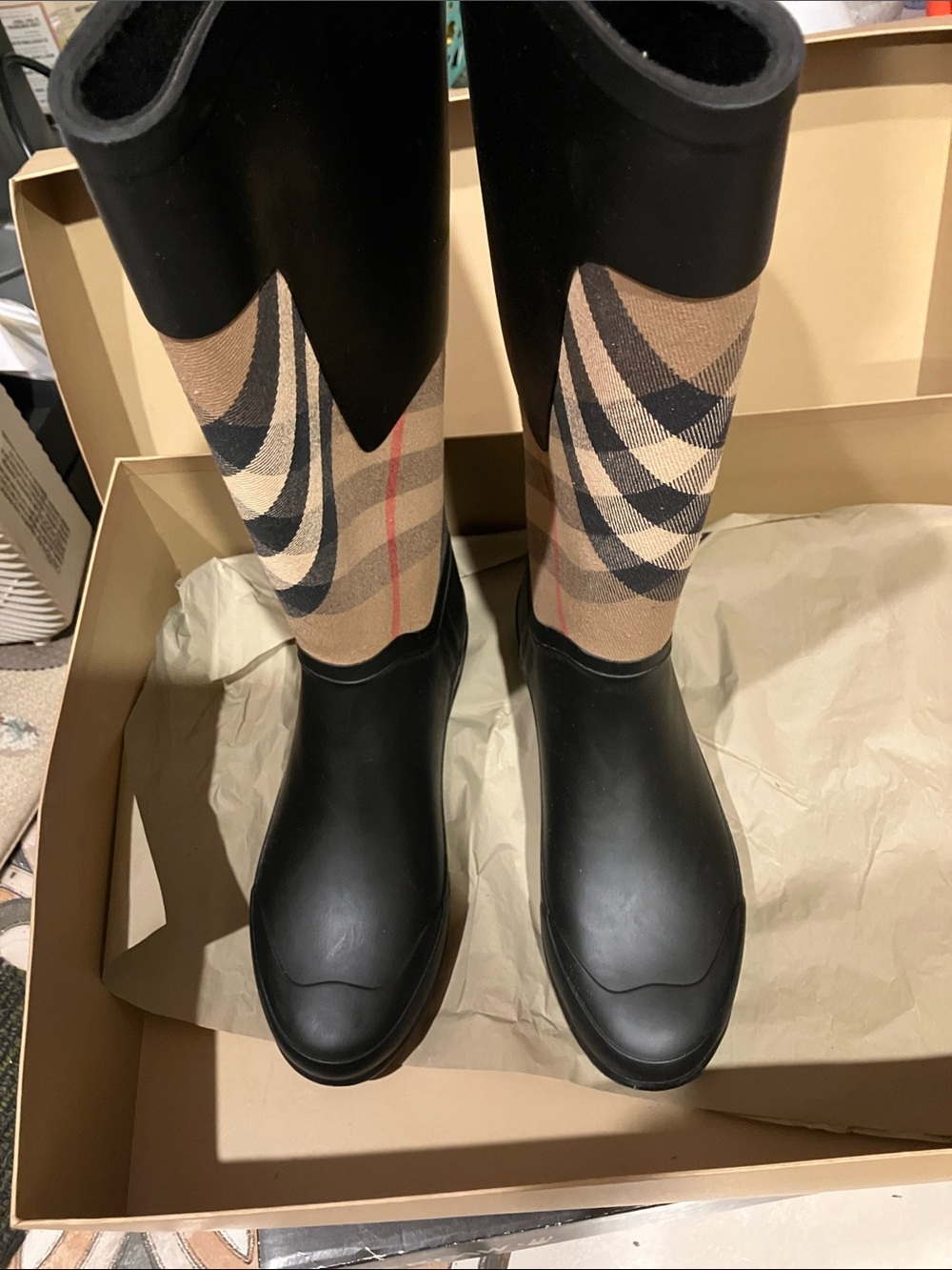 Burberry Black & Beige Classic Check Tall Rain Boots - Picture 3 of 14